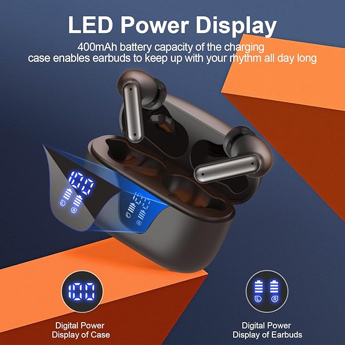 ZIUTY Wireless Earbuds Bluetooth Headphones, 50H Playtime Ear Buds with Mic, LED Digital Display Charging Case, IPX7 Waterproof, Deep Bass Stereo, in-Ear Earphone for iPhone Andriod Phone