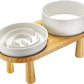 Ceramic Slow Feeder and Water Bowl Set for Medium and Large Dogs, Ceramic Dog Bowls Elevated with Wooden Stand, 2.0 Cups Dog Slow Feeder(30oz) and 70oz Water Bowl Set, White