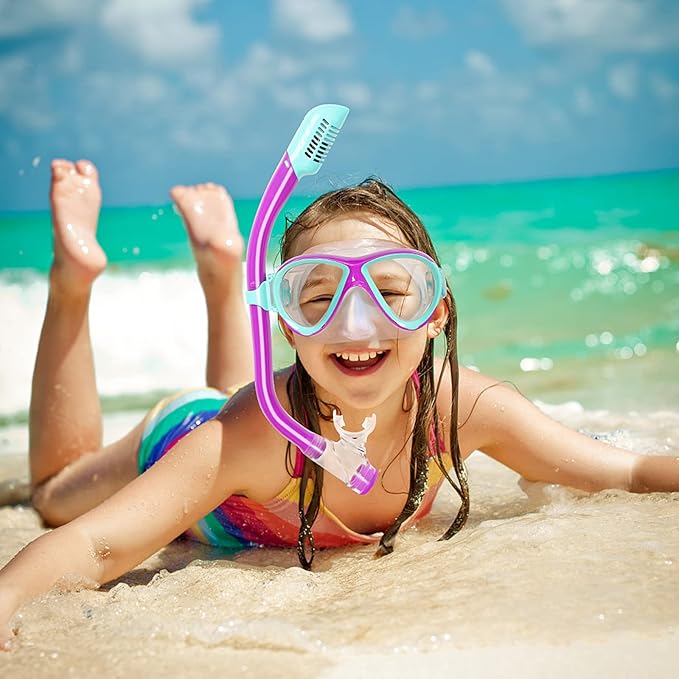Kids Mask Fins Snorkel Set, Dry Top Snorkeling Gear for Kids Youth Boys Girls Junior Age 5-15 Tempered Glass Snorkel Mask Set Panoramic View Snorkeling Packages