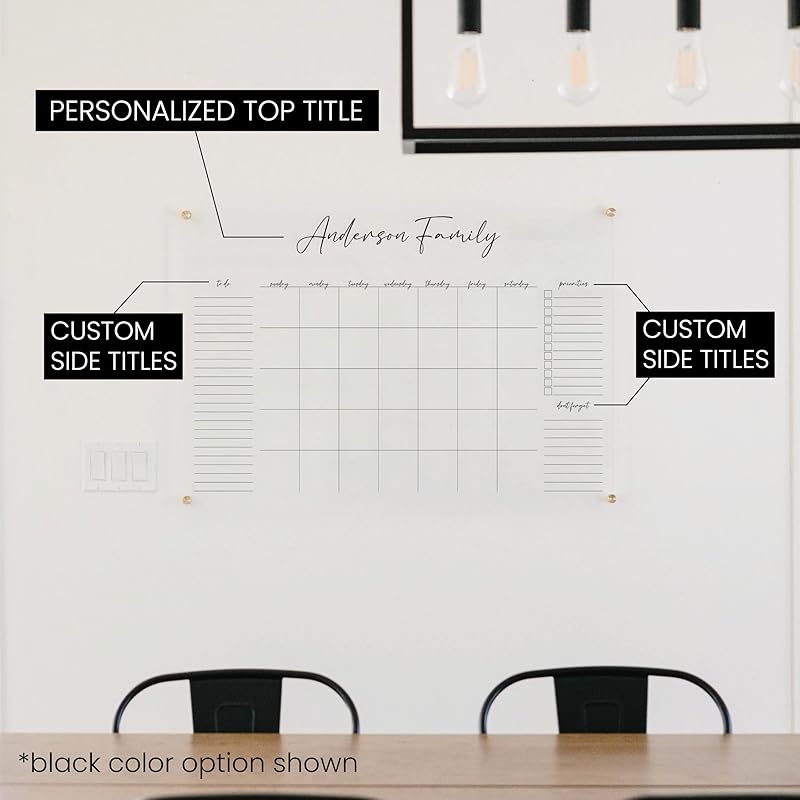 Personalized Clear Acrylic Calendar for Wall, Calendar Whiteboard for Wall, Dry Erase Wall Calendar, Wall Calendar Organizer System for Home (Cursive, Black, 47.5"W x 36"H)