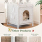 Cat Litter Box Enclosure Hidden Litter Box Furniture with Metal Heightened Feet, Rattan Handwoven Cat House with Litter Mat, Hidden Litter Box Furniture for Bedroom Living Room White