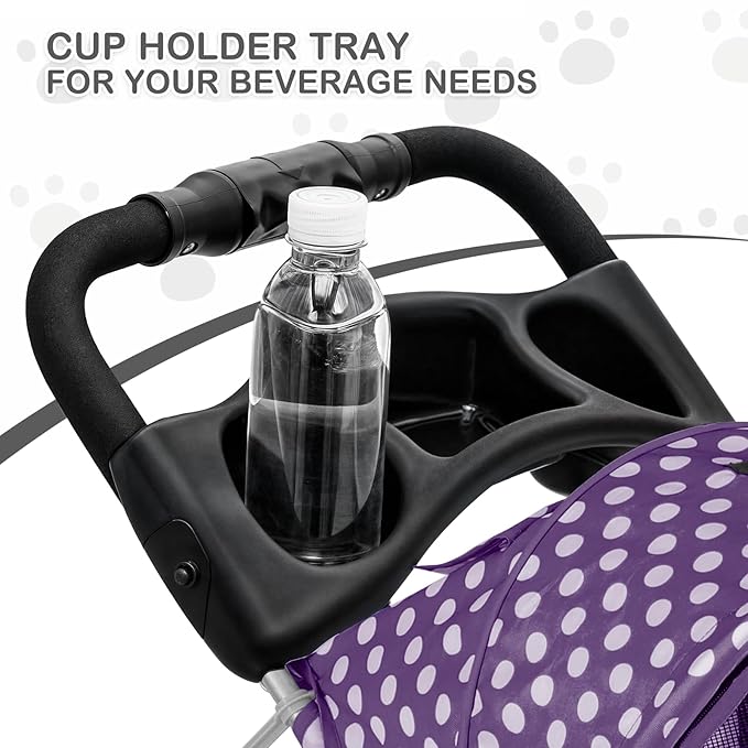 MoNiBloom 3 Wheels Pet Dog Cat Stroller for Small Medium Dogs Cats, Foldable Jogger Stroller w/Storage Basket and Cup Holder, Purple Polka Dots