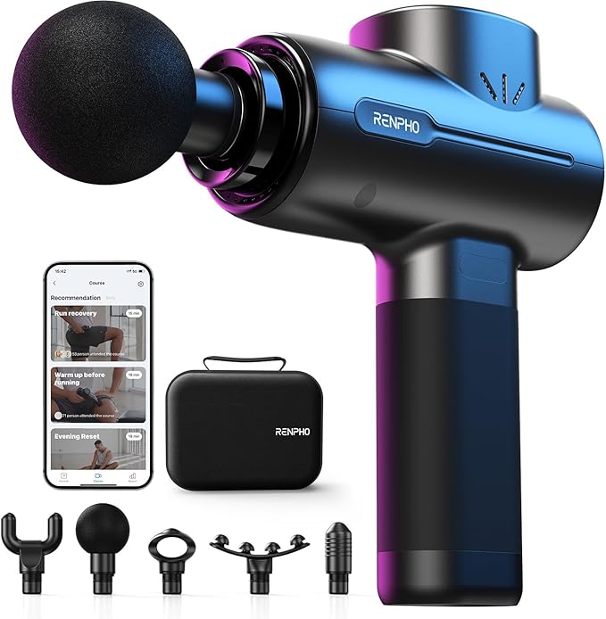 RENPHO Massage Gun with Bluetooth, Portable Percussion Massager for Back and Neck, Handheld Device with Carry Case, Gifts for Men Women, Active+
