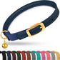 OOPSDOGGY Rolled Leather Cat Collar with Bell - Reflective Kitten Collar with Safety Elastic Strap - Adjustable Small Pet Collars for Boy Girl Cats (Blue)