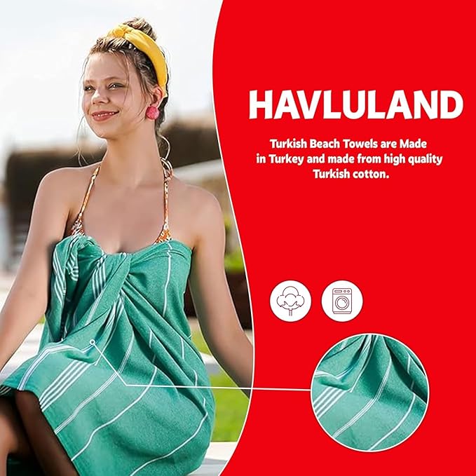 HAVLULAND Turkish Beach Towels Oversized -100% Turkish Cotton Super Soft Lightweight - Absorbent and Quick Drying Bath Towel - Sand Free Beach Towel - Turkish Towels for Adults (Aquamarine, 12 Pack)