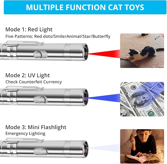 Cat Toy Pointer for Indoor Cats, USB Rechargeable Kitten Toys with 7 Adjustable Patterns, Interactive Chase Toys for Indoor Cats & Dogs, Training & Exercise Fun