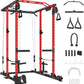GaveeLife Power Cage, 2000 LBS Power Rack with Cable Cross-Over System, Multi-Functional Strength Training Squat Rack with LAT Pull Down System, Home Gym Equipment with Training Attachment, Red