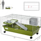 PawHut 35" L Small Animal Cage, Rolling Bunny Cage, Guinea Pig Cage with Food Dish, Water Bottle, Hay Feeder, Platform, Ramp for Chinchilla, Green