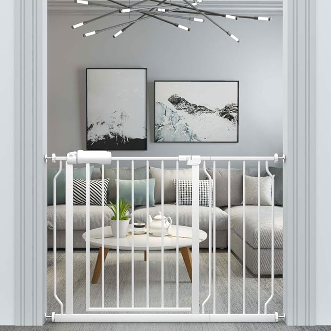 ALLAIBB Extra Wide Pressure Mounted Baby Gate Walk Through Child Kids Safety Toddler Tension White Long Large Pet Dog Gates with Extension for doorways Kitchen (43.31-48.03"/110-122cm)
