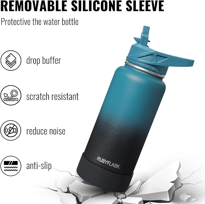 32oz Insulated Water Bottle with Straw, Stainless Steel Metal Vacuum Water Flask, Large Thermal Water bottle with Leakproof 3 Lids for Travel, Camping, Gym Sports Orange