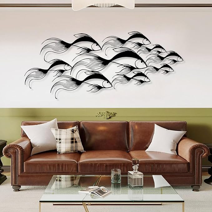 School of Fish Metal Wall Art, Metal Fish Wall Decor, Sea Life Wall Art, Large Nautical Wall Hanging, Modern Beach House Wall Decor, Ocean Themed Artwork for Bathroom (Black, 35"x15" | 90x38cm)