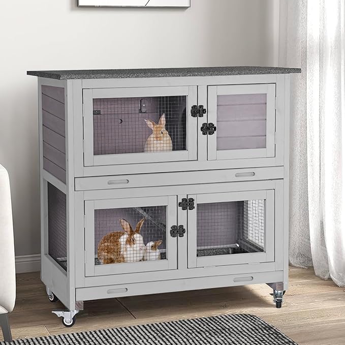 2 Story Rabbit Hutch Indoor Outdoor Rabbit Bunny House Guinea Pig Cage Wooden Pet House for Small Animals with 2 Large Rooms, Chewproof Ramp, Ventilation Door, Removable Trays (Grey)