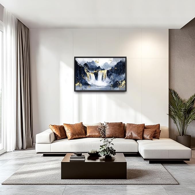 Extra Large Abstract Golden Waterfall Framed Wall Art for Living Room,Oversized Foggy Mountain Pictures Wall Decor,Canvas Print Painting Modern Artwork Bedroom Office Bathroom 36L" x 24W"