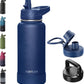 32oz Insulated Water Bottle with Straw, Stainless Steel Metal Vacuum Water Flask, Large Thermal Water bottle with Leakproof 3 Lids for Travel, Camping, Gym Sports Navy