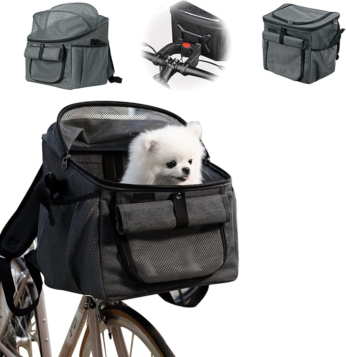 Qivine Dog Bike Basket, Oxford Cloth Dog Basket for Bike with Adjustable Mesh Windows, 11 Lbs Portable Dog Carrier for Bike with Widen Shoulderpad, Bicycle Basket Bag for Dogs and Cats