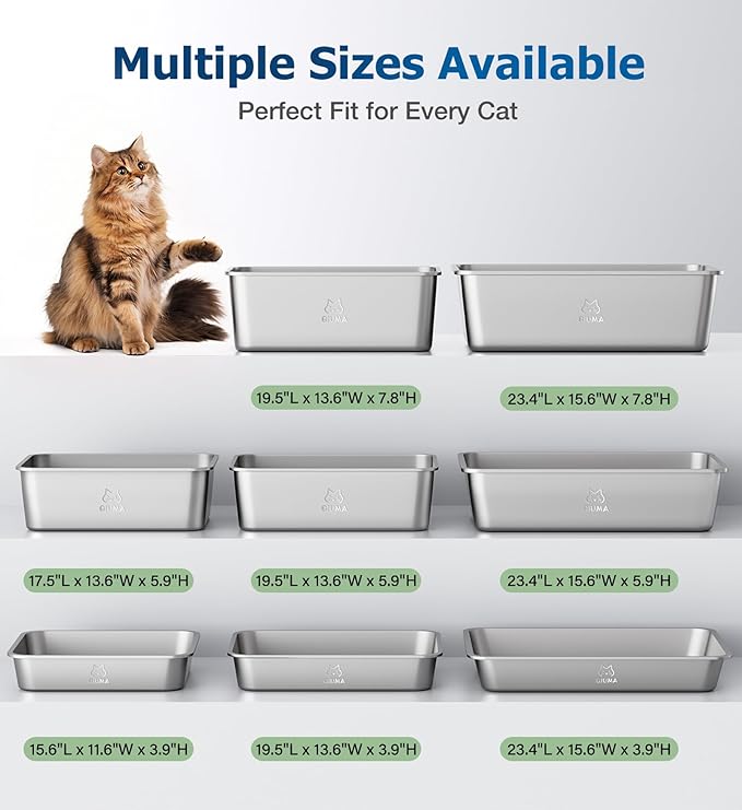 Stainless Steel Litter Box, Large Metal Cat Litter Box with High Sided for Big and Small Cats, Non-Stick, Easy to Clean, Odor-Free, 19.5" L×13.6" W×5.9" H, Leaf Green