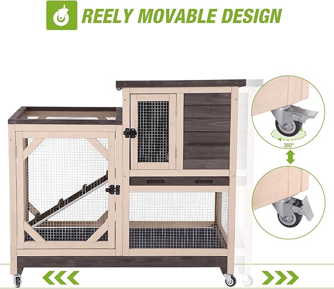 GUTINNEEN 2-Story Rabbit Hutch with Chew-Proof Ramp & Pull-Out Trays - Indoor/Outdoor 39.3" Wooden Rabbit Cage on Wheels for Rabbits, Guinea Pigs (Dark Brown)