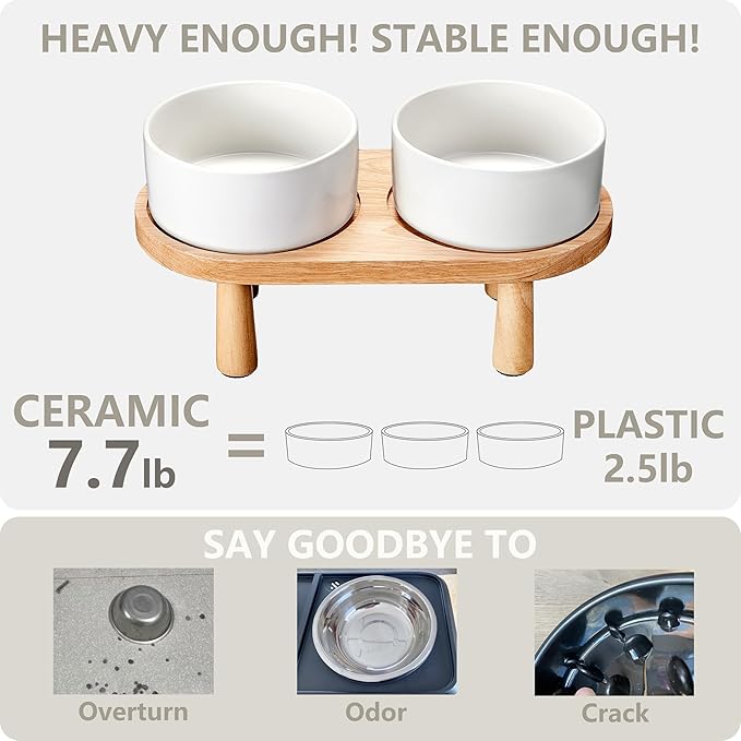 Ceramic Elevated Dog Bowls, Pet Food and Water Bowl Set for Large Dogs, 7.5 Cups Dog Bowls Raised with Wood Stand, 61OZ, White