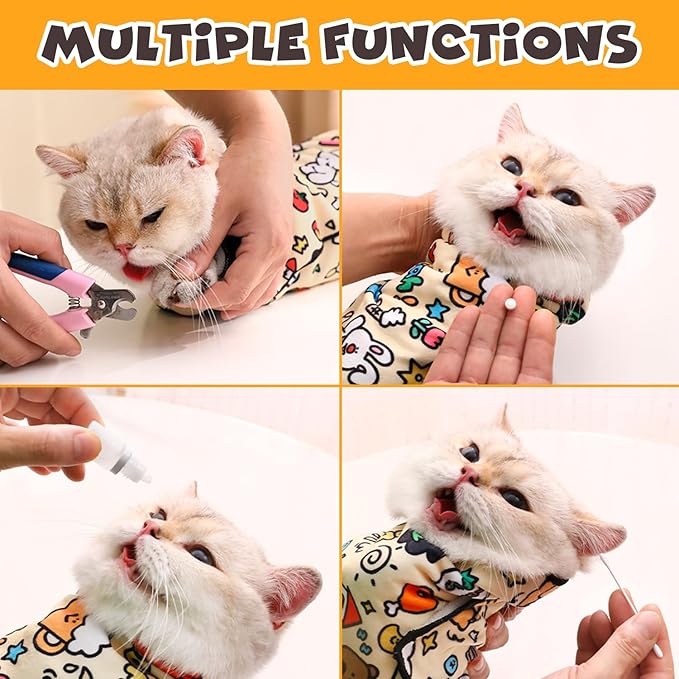 Cat Grooming Wrap, Self-Adherent Soft Cat Blanket to Wrap, Nail Clipping, Anti-Bite, Anti-Scratch, Anti-Escape Calming Wrap (Cute Prints, 0-3 lbs)