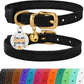 BRONZEDOG Leather Cat Collar with Removable Bells Non Breakaway Kitten QR Tag for Girl Boy (9" - 12" Cats/Mini Dogs, Black & Gold)