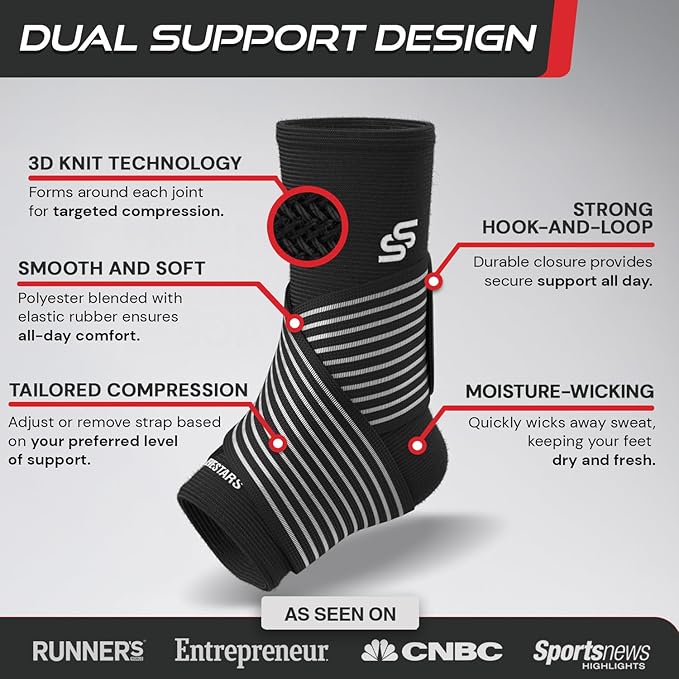Sleeve Stars Ankle Brace for Women & Men, Ankle Wrap for Sprain, Compression Sleeve for Plantar Fasciitis Relief, Easy Customizable Support: w/ Removable Strap (Pair/M:10"-12"/Black)