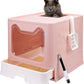 Foldable Cat Litter Box with Lid, Enclosed Potty, Large Top Entry Anti-Splashing Toilet, Easy to Clean Including Litter Scoop and 2-in-1 Cleaning Brush (Pink)