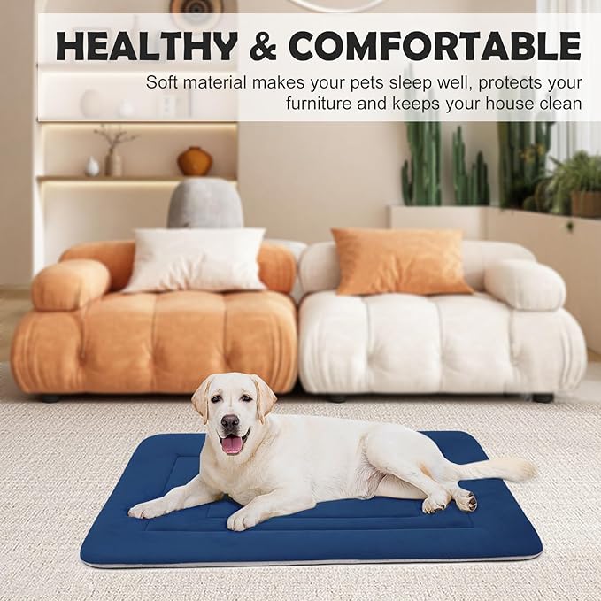 JoicyCo Soft Dog Crate Pad Mat, 48 in Non-Slip Bottom Washable Bed for Extra Large Dogs, Pet Mattress Kennel Pad, Dark Blue