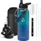 Insulated Water Bottle 40 oz, Triple Wall Vacuum Stainless Steel (Cold for 48 Hrs), Leak Proof & Non-BPA, Modern Water Flask Jug with Paracord Handle & Straw Spout Lids, Cyan Blue
