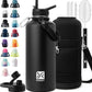 Insulated Water Bottle | Thickened Stainless Steel for Gym and Hiking with Straw, Carrier Bag, Handle Strap | BPA-Free 87 oz