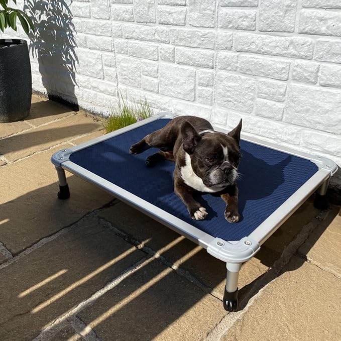 Veehoo Chew Proof Elevated Dog Bed - Cooling Raised Pet Cot - Silver Aluminum Frame and Durable Textilene Mesh Fabric, Unique Designed No-Slip Feet for Indoor or Outdoor Use, Blue, Medium, CWC2003