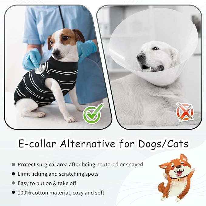 Kuoser Dog Surgery Recovery Suit for Female Male Dogs, Stripes Spay Neuter Anti-Licking Dog Onesie, Surgical Suit Snugly Pet Post Surgery Vest Bodysuit for Abdominal Wounds Skin Disease, Black L