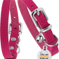 BRONZEDOG Leather Cat Collar with Removable Bells Non Breakaway Kitten QR Tag for Girl Boy (7" - 9" for Cats, Pink & Silver)