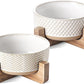 Ceramic Dog Bowl Set, 4 Cups Food and Water Bowl for Medium Small Dogs, Cute Pet Dishes with Wood Stand, Rhombus+Wave Design (Set of 2)
