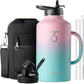 Trebo 64oz Water Bottle Insulated with Straw &2 Lids, Half Gallon Double Wall Vacuum Stainless Steel Metal Large Jug with Handle, Wide Mouth Coffee Flask Mug with Carry Pouch, Keep Cold Hot, Pink