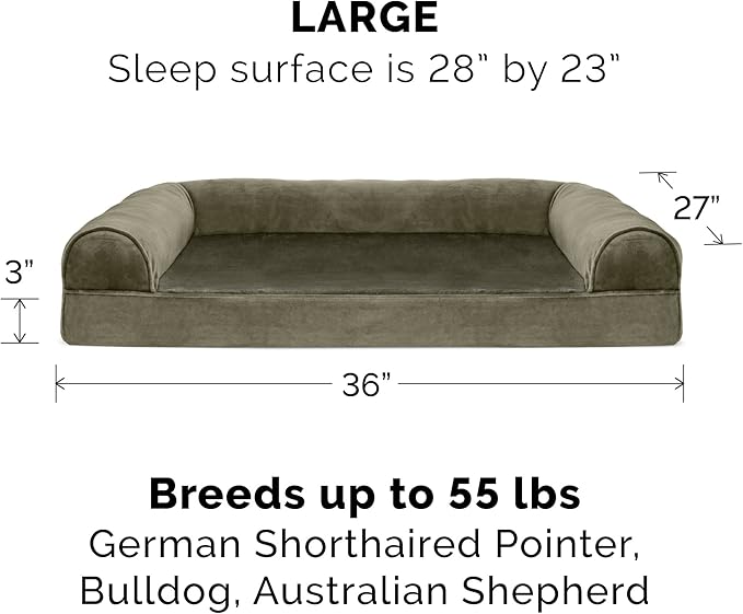 Furhaven Cooling Gel Dog Bed for Large/Medium Dogs w/ Removable Bolsters & Washable Cover, For Dogs Up to 55 lbs - Faux Fur & Velvet Sofa - Dark Sage, Large