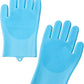 Pet Grooming Gloves，Heat-Resistant Silicone Gloves with High-Density Teeth for Enhanced Massaging and Bathing of Dogs and Cats (Blue, 1 Pair)