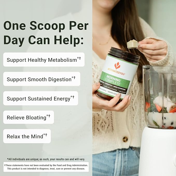 ACTIVATEDYOU Morning Complete Daily Wellness Greens Superfood Drink Mix for Gut Health w/Prebiotics, Probiotics, Antioxidants, Green Superfoods, 10 Billion CFUs (3 Pack, Apple Cinnamon)