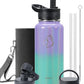 BUZIO 32 oz Water Bottle Insulated with Straw & 3 lid and Carrying Pouch, Leak Proof Anti-Slip Stainless Steel Water Flask Jug, Cold for 48 Hrs Double Vacuum Thermo Canteen, Pearlescent Purple Green