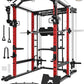 Eonfit E5 Smith Machine with Vertical Leg Press, Power Cage Squat Rack with LAT-Pull Down Cable Crossover Rotating Arms System Home Gym Equipment All in One (E5 RED)