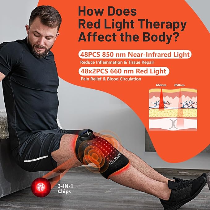 HALIDODO Red Light Therapy Knee Brace, Knee Massager with 4 Vibration Areas, Wireless Rechargeable Controller, 660nm & 850nm Red Light Therapy Heated Device for Knee/Joint/Elbow/Shoulder Pain Relief