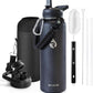 Insulated Water Bottle 40 oz, Triple Wall Vacuum Stainless Steel (Cold for 48 Hrs), Leak Proof & Non-BPA, Modern Water Flask Jug with Paracord Handle & Straw Spout Lids, Magic Black