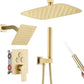 12 Inch Rain Shower System, Brushed Gold Shower Faucet Set with Push Button Diverter, 6 Inch Wall Mounted 3-Functions Bathroom Shower Systems with Dual-Function Handheld