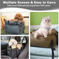Dog Car Seat for Small Dogs, Large Leather Dog Car Bed with Storage Pocket, Waterproof PVC Leather Booster Seat Travel Bed for Front & Back Seat, Clip-On Safety Leash (Blue/Brown)