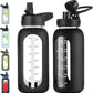 32 oz Glass Water Bottle with Straw and Handle, Sports Motivational Water Flask with Silicone Sleeve, Large Leakproof Water Flask Cup with Time Marker for Travel, Gym, Black