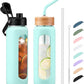 Kodrine Water Bottle with Straw, 24 oz Glass water Bottle with 2 Lids Bamboo Straw Lid and Spout Lid with Handle, 32 oz Clear Water Bottle Glass for Sports Travel, Waterbottle with Time Marker