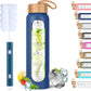 Aqulea Glass Water Bottles 25 Oz with Silicone Sleeve - BPA Free Reusable Wide Mouth Glass Motivational Water Bottles with Fruit Infuser – Leak Proof Borosilicate Water Bottle with Time Marker (Blue)