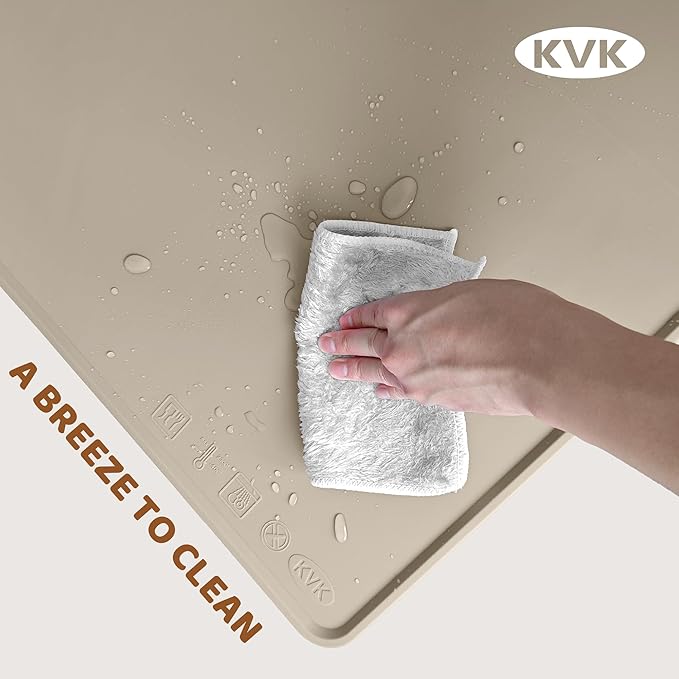 KVK Extra Extra Large Silicone Dog Food Mat 39.4×43.3in and 128oz Silicone Bag Set, Super Size Waterproof Pet Feeding Mat & Container, Non-Slip, Chew-Resistant Floor Protection (Beige&Yellow)