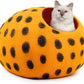 Woolygon Premium Felt Cat Cave Bed - Polka Dot Series - Wool Kitty Beds Handcrafted Kitten Caves Bed for Indoor Cats - Eco-Friendly Merino Wool, Foldable Cat Hideaway Cat Houses (Orange/Black Dots)