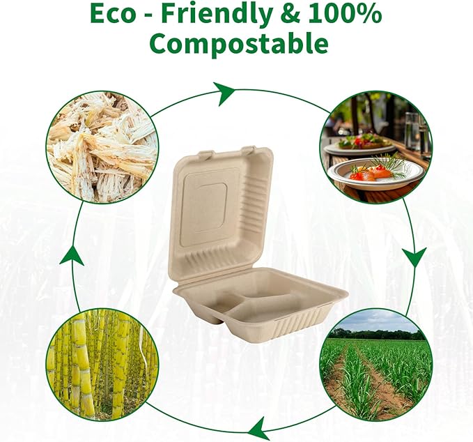 Aricsen 50 Pack 3 Compartment Compostable 8x9 Inch Takeout Lunch Box Containers with Lid To Go Take Out Clamshell for Food, Disposable Eco-Friendly Biodegradable Bagasse, PFAS-Free, Brown
