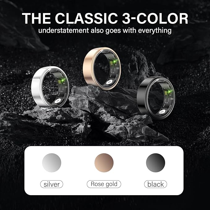 Smart Ring Health Tracker, Fitness Sleep and Heart Rate Monitor Smart Ring, Waterproof Bluetooth Fitness Tracker Ring IPX68 Waterproof (Black, 7)